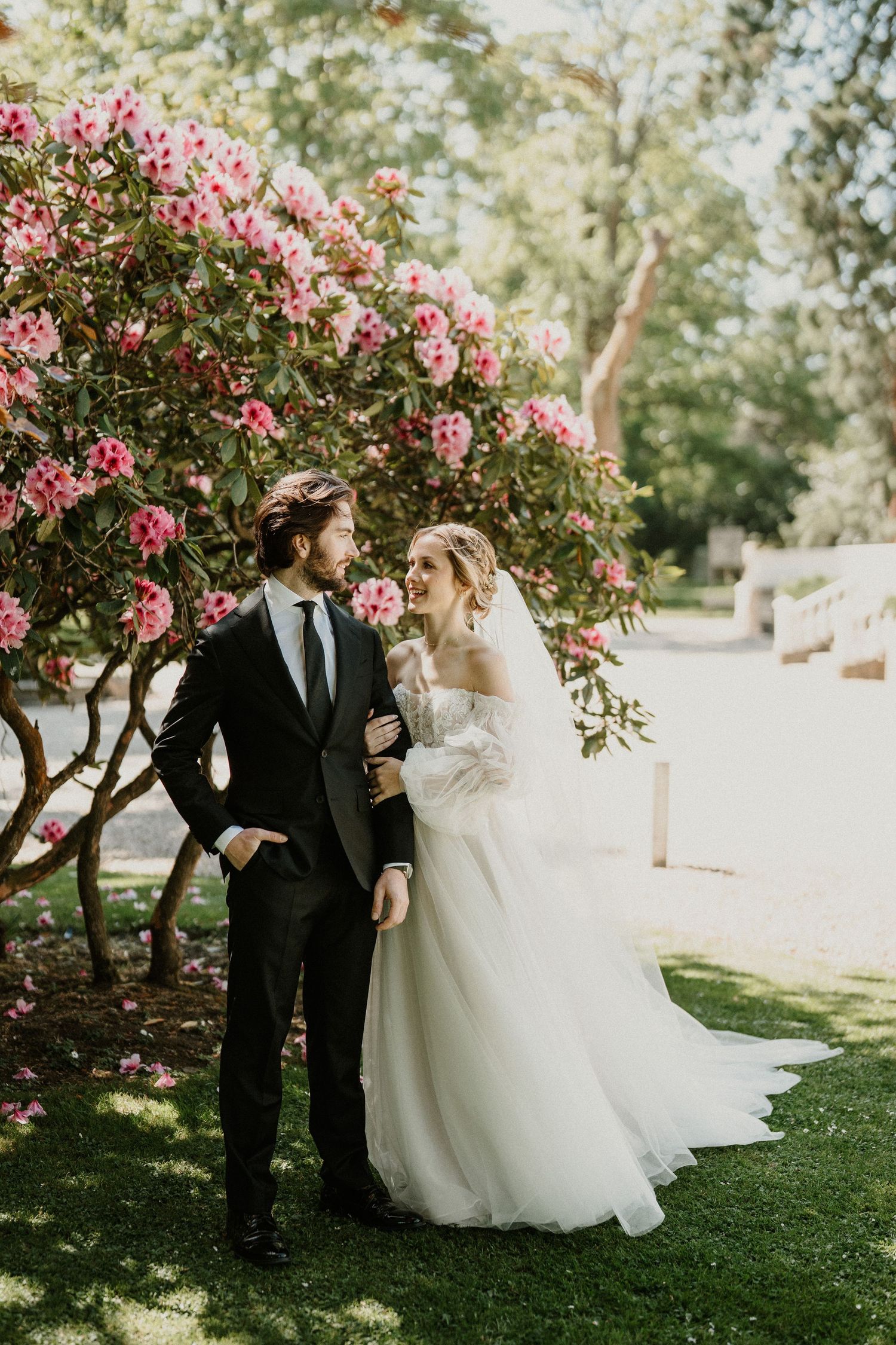 Wedding couple poses under pink flowering trees in a sunlit garden.