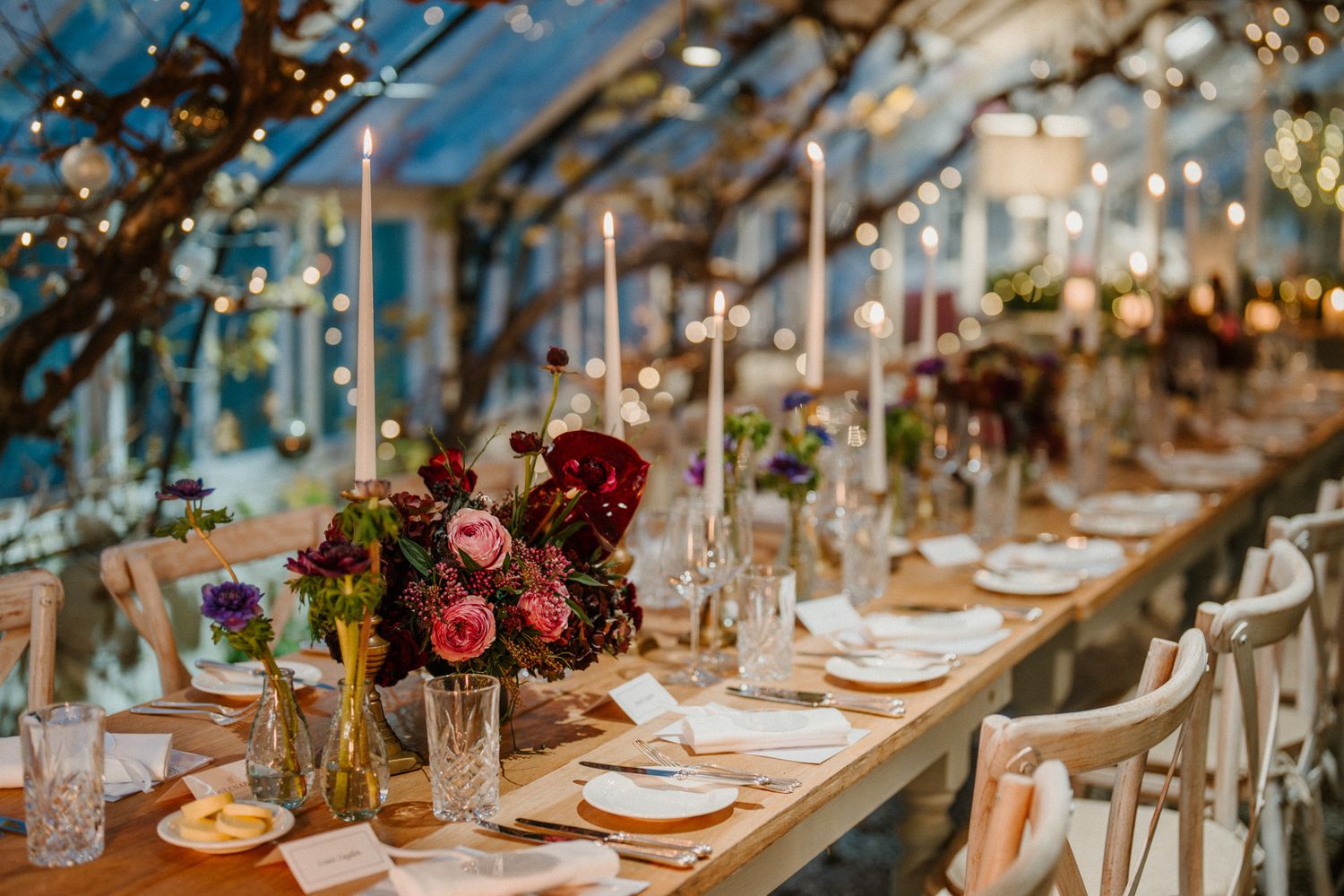 Long dining table adorned with red roses and taper candles under a glass ceiling with twinkling lights.