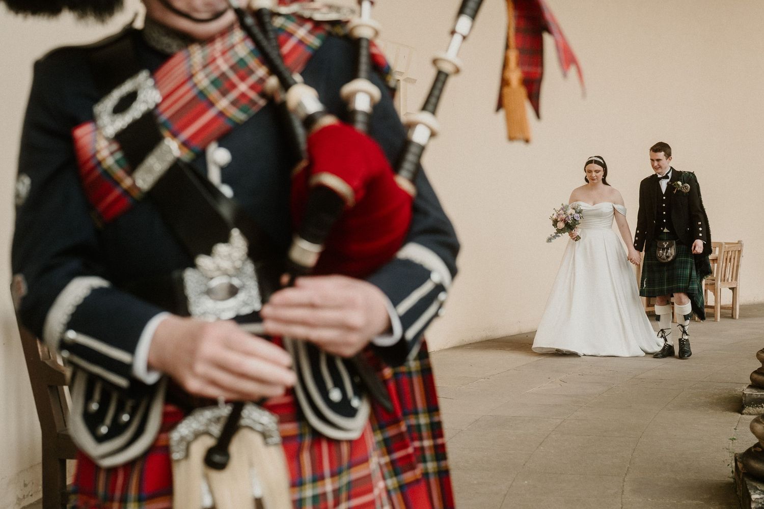 Detail shots of Scottish wedding attire including traditional kilts and accessories.