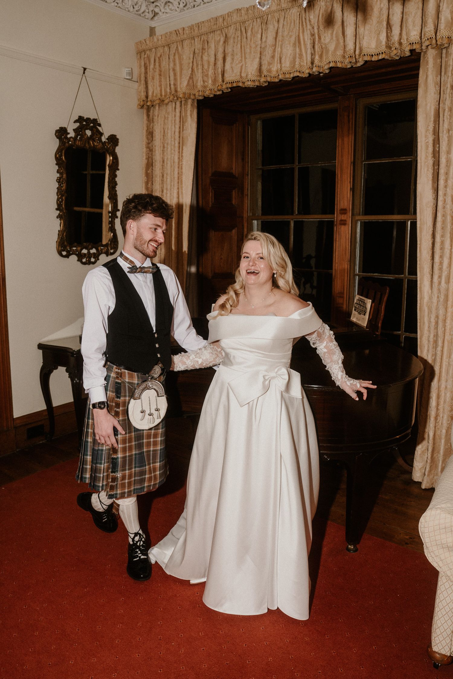 Candid celebration moments in a traditionally decorated room with warm lighting.