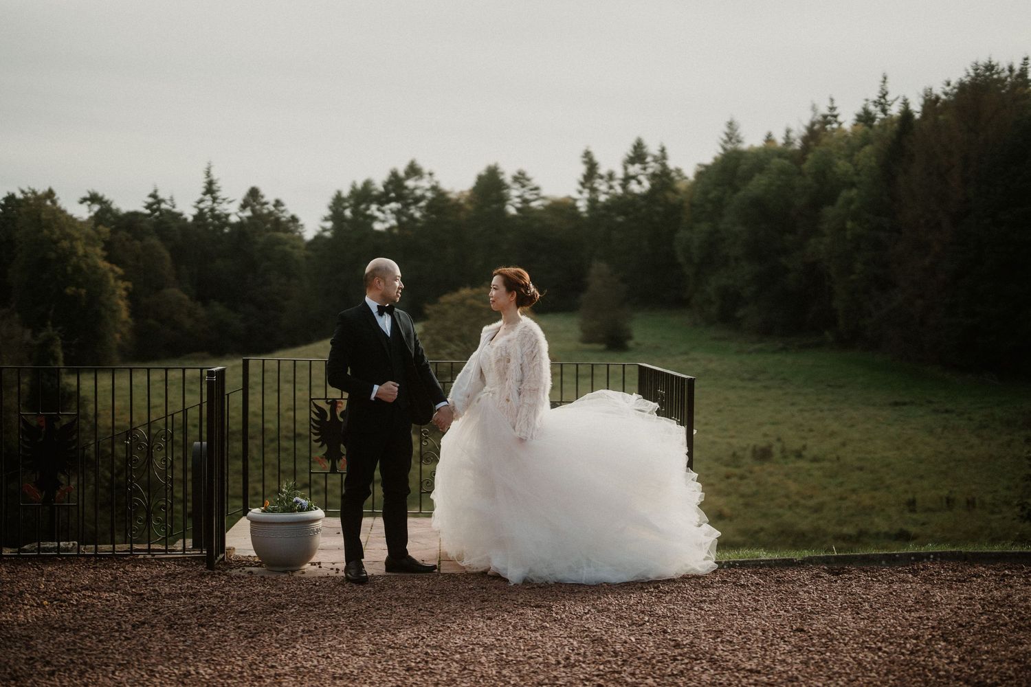 Wedding photography session in scenic outdoor setting with forest backdrop.
