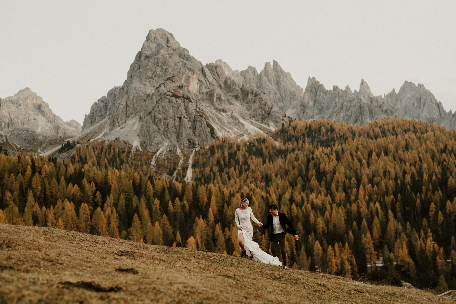 Panoramic view of jagged mountain peaks and autumn-colored forest in the Dolomites.
