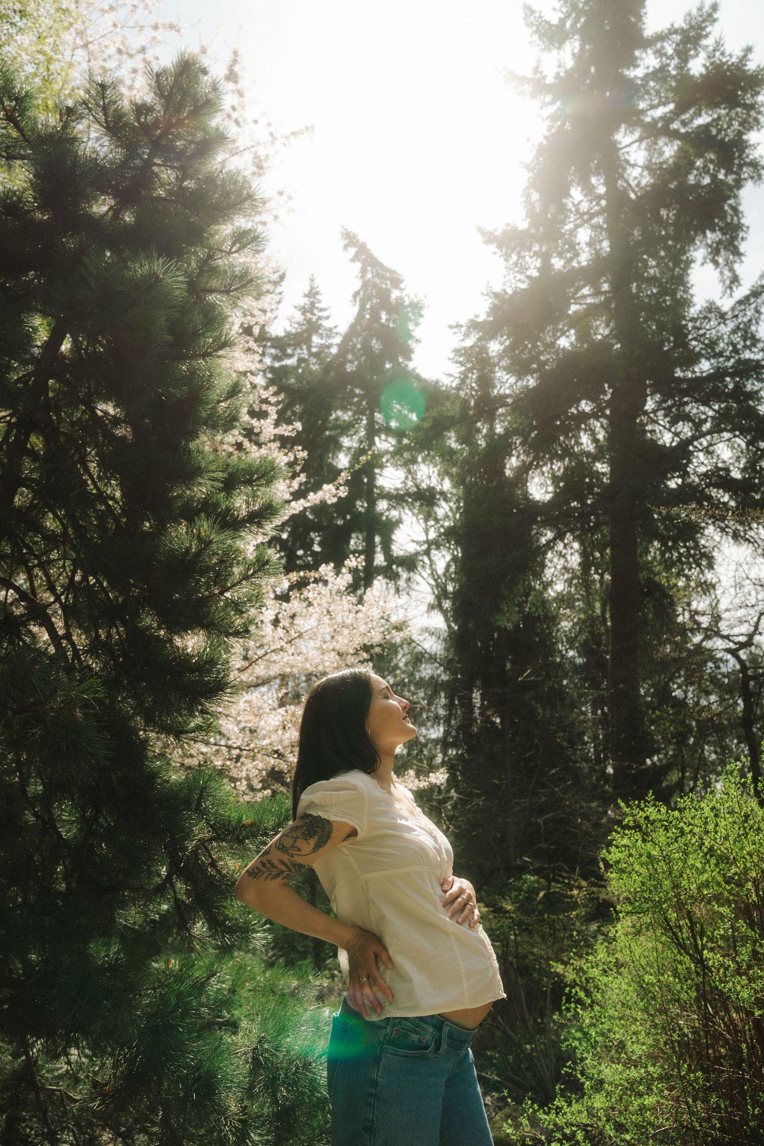 Pregnant woman standing in sunlit forest with tall pine trees and lens flare.