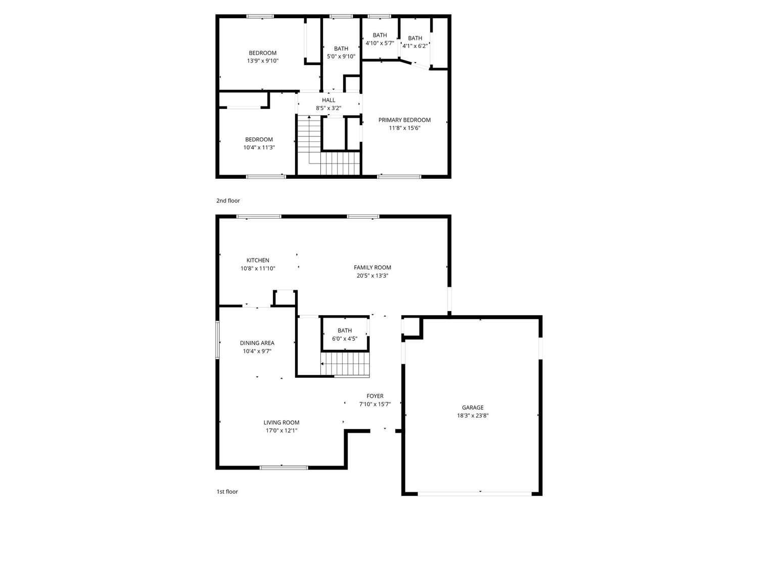 Two-story home floor plan showing upper level bedrooms and lower level with living room, kitchen, dining room, and garage.