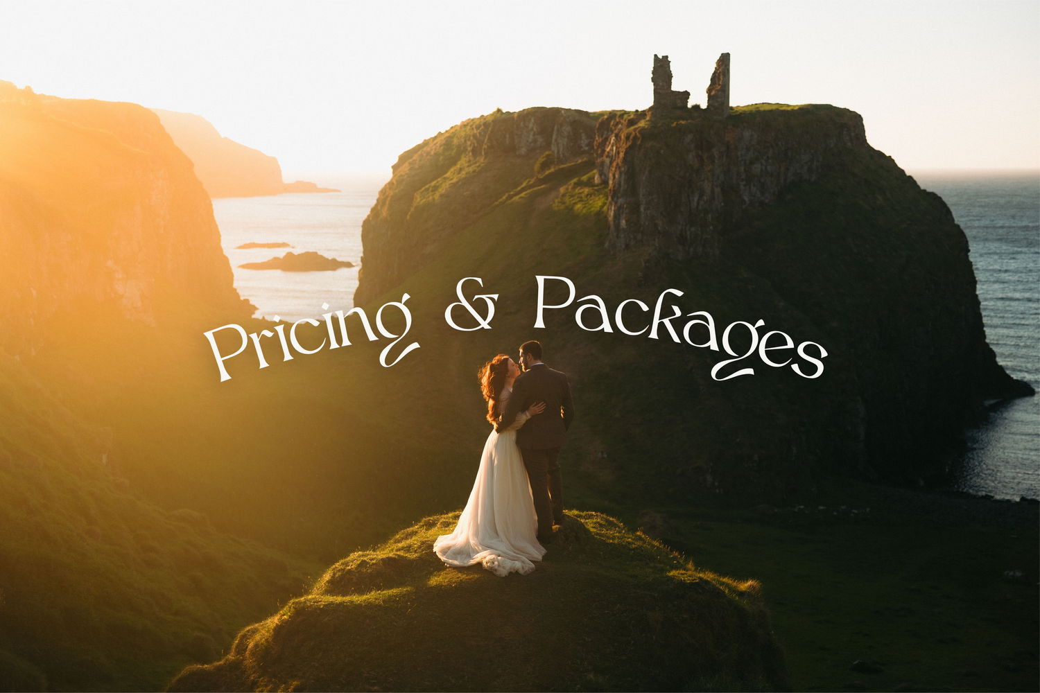Sunset silhouettes dramatic coastal cliffs with text overlay for pricing and packages.