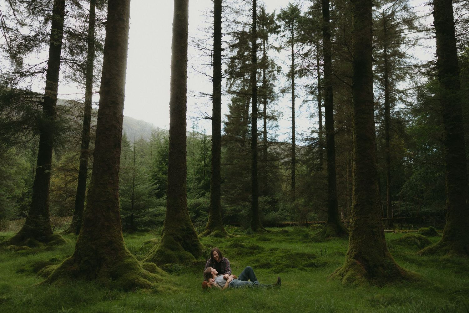 Couple sitting on mossy ground surrounded by tall trees in a lush green forest clearing.