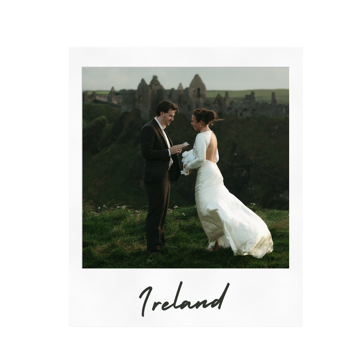 A couple exchanges vows in a scenic outdoor wedding ceremony in Ireland.