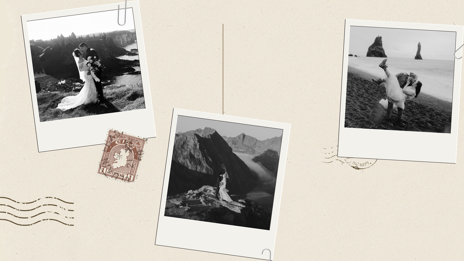 A collection of vintage-style polaroid photos arranged in a scattered layout.