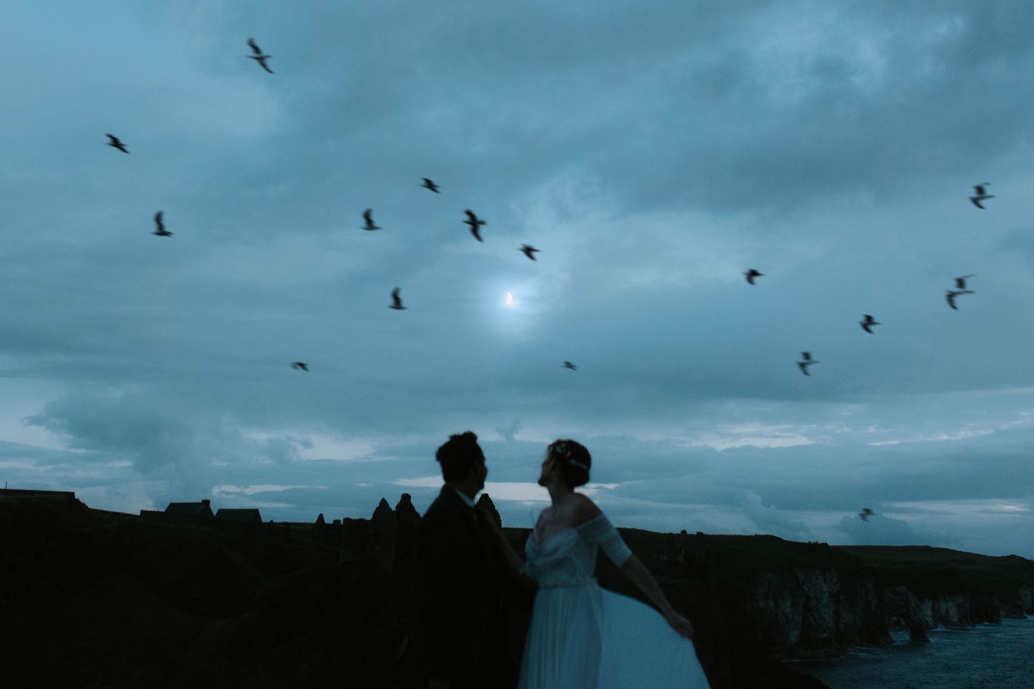 Silhouetted couple against a moody sky with flying birds and moonlight.