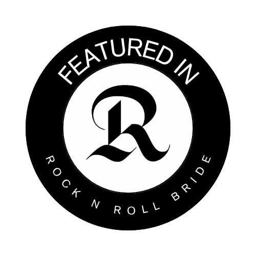 Set of black circular badges featuring rock and roll themed wedding photography credentials.
