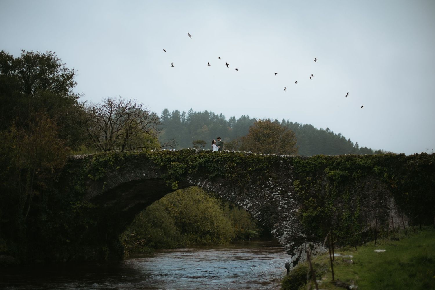 A stone bridge arches over a river with birds flying overhead in misty weather.