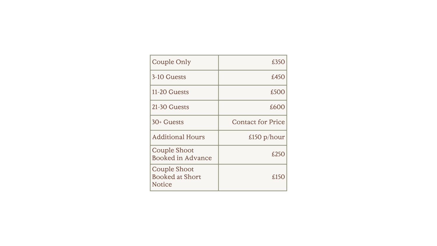 A minimalist receipt or invoice template with beige sections showing price columns and line items.