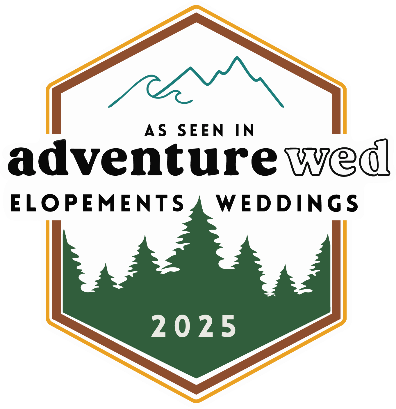 Mountain-themed wedding and elopement badges with forest silhouettes in green and brown.