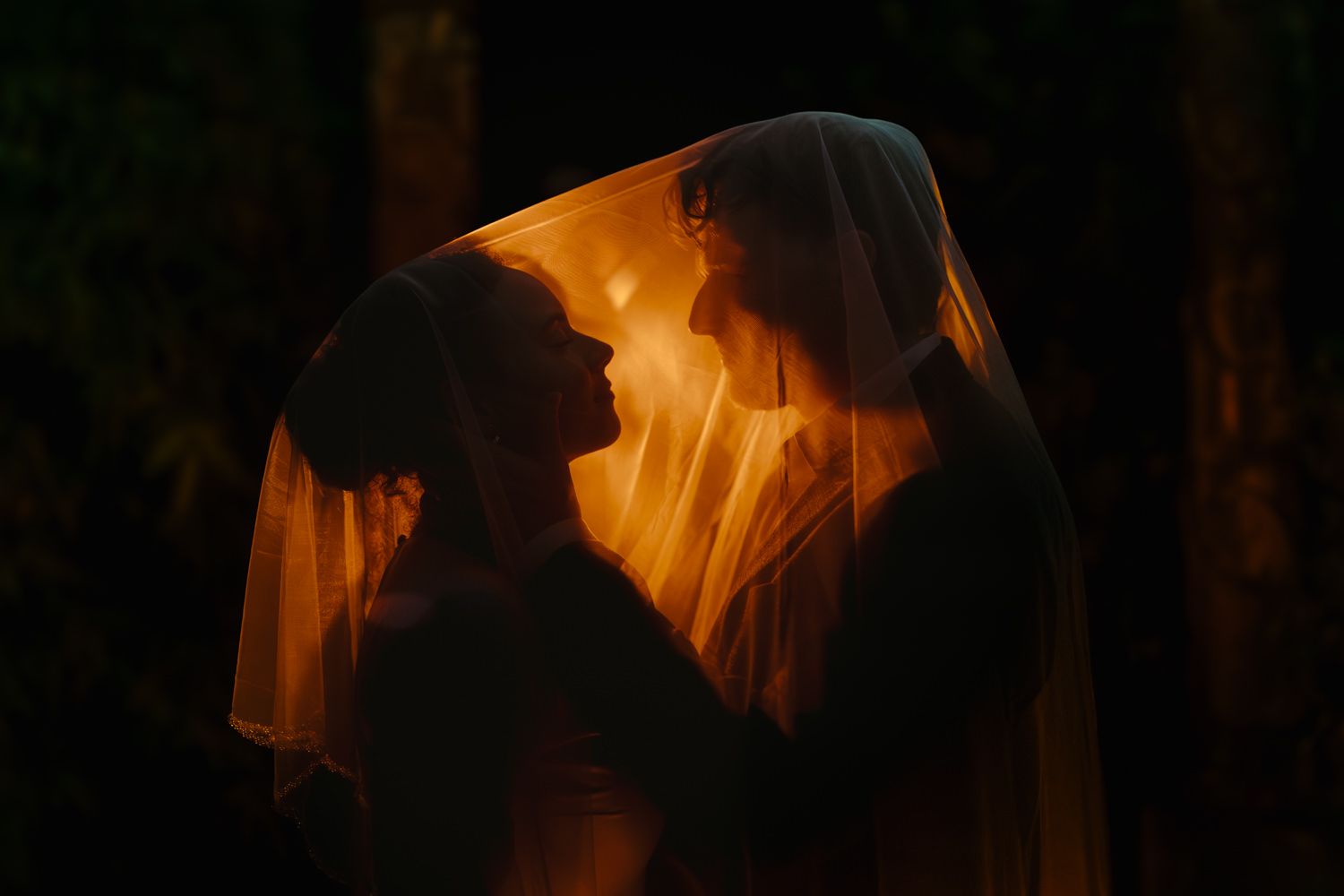 Silhouettes of figures illuminated by warm orange light in a dark setting.