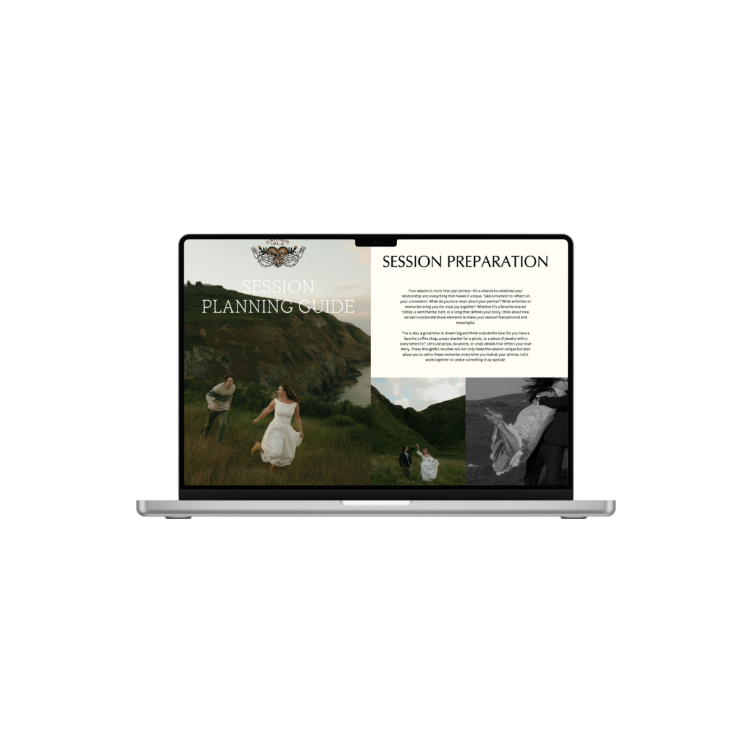 Laptop displaying a photography planning guide website with session preparation text and scenic outdoor couple photos.