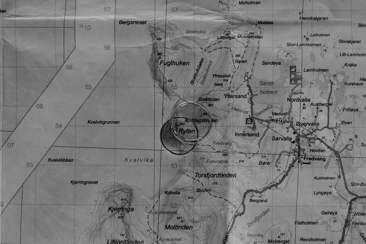 Old map with detailed geographical markings and annotations.