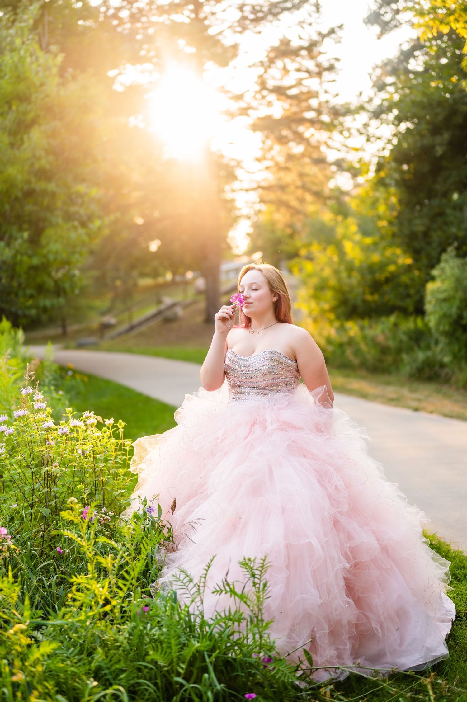 Ethereal portraits in flowing pink tulle dress during golden hour.