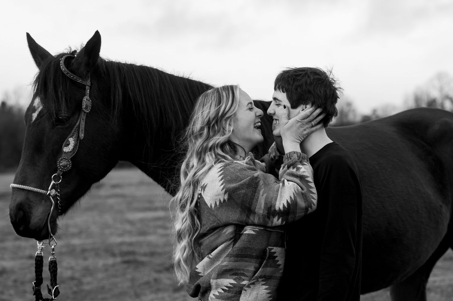 Black and white photo series featuring horses and couples in a field.