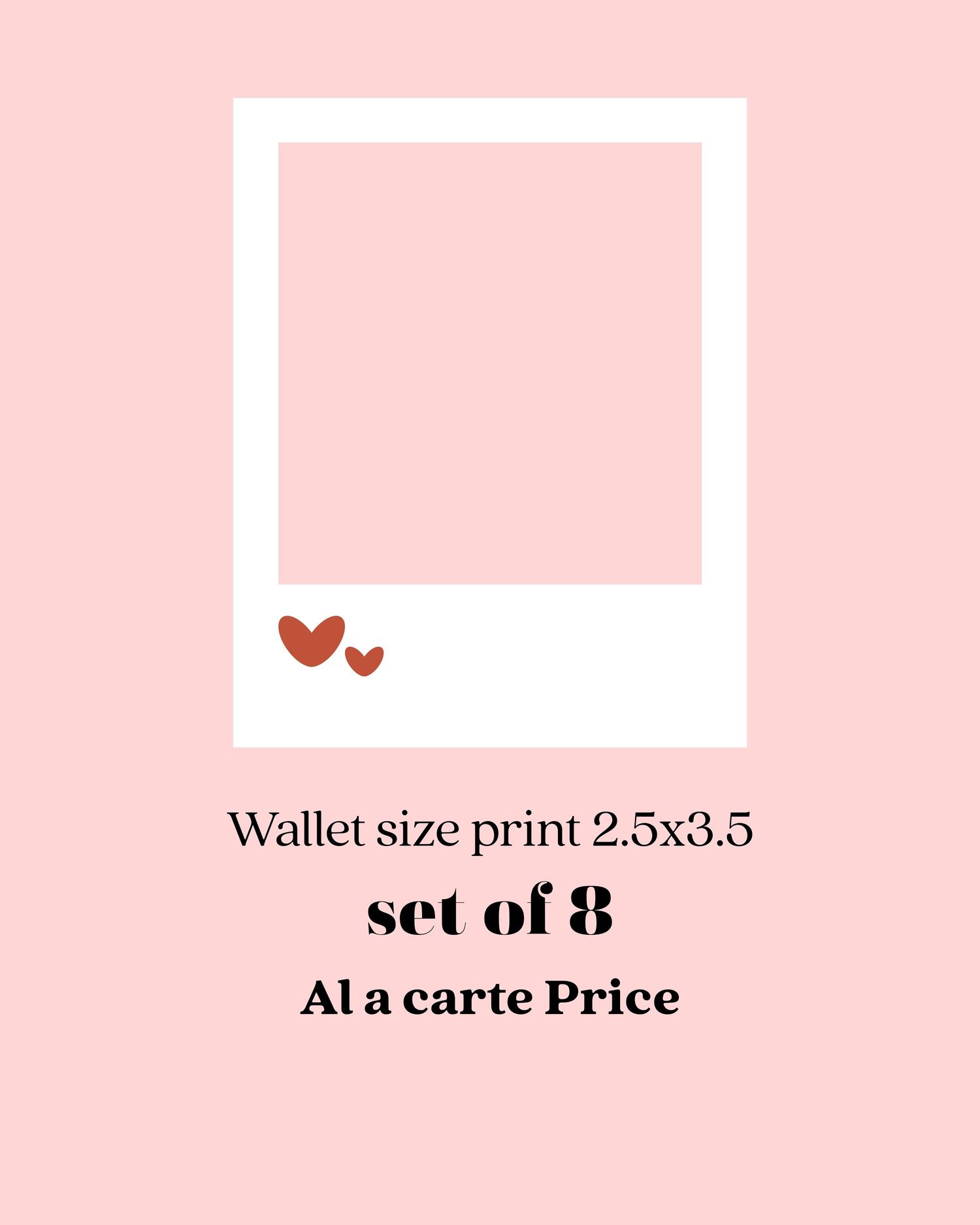 Pink collage of wedding photo prints and price lists with heart decorations on a light background.