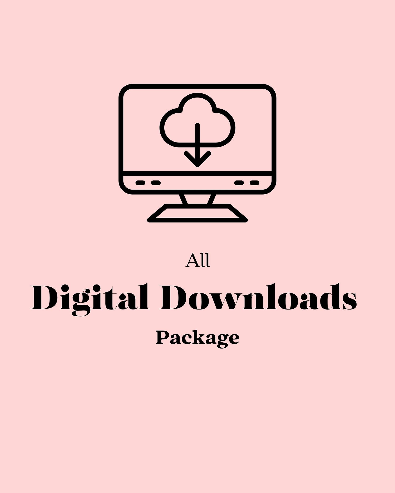 Simple line art icons showing download, cloud storage, and digital package options on a pink background.