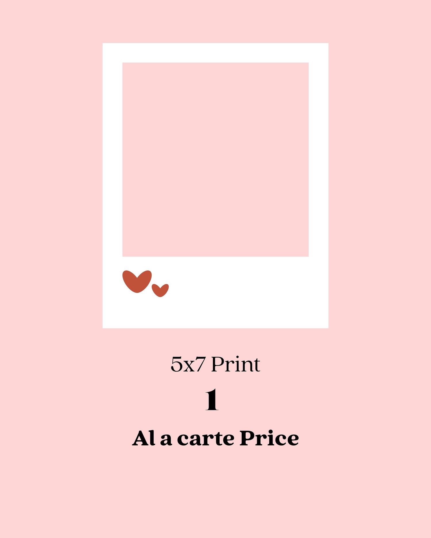 Three pink rectangular boxes with text about sizing, printing, and price details arranged horizontally on a light pink background.
