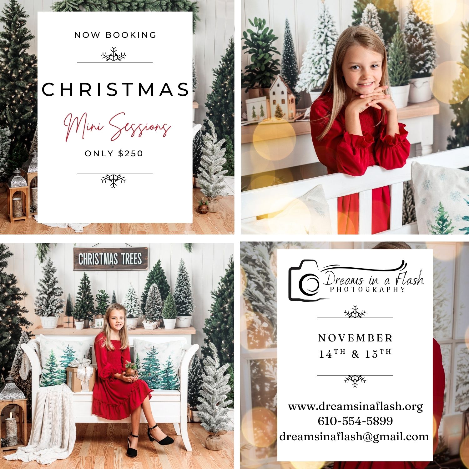 Christmas mini photo session promotional collage featuring a young girl in a red dress with holiday trees and festive decor.