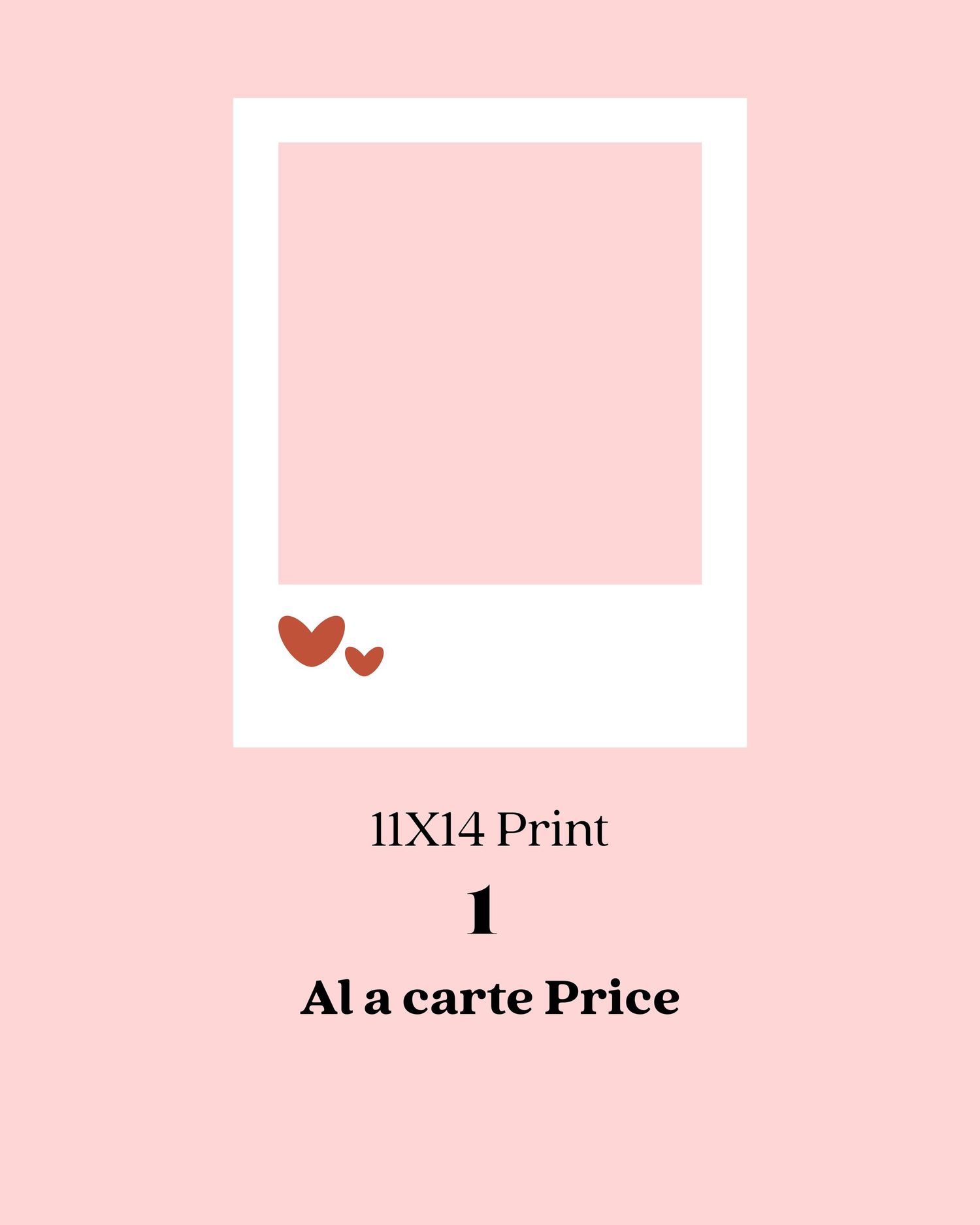 A minimalist polaroid-style frame design with two small red hearts on a soft pink background.