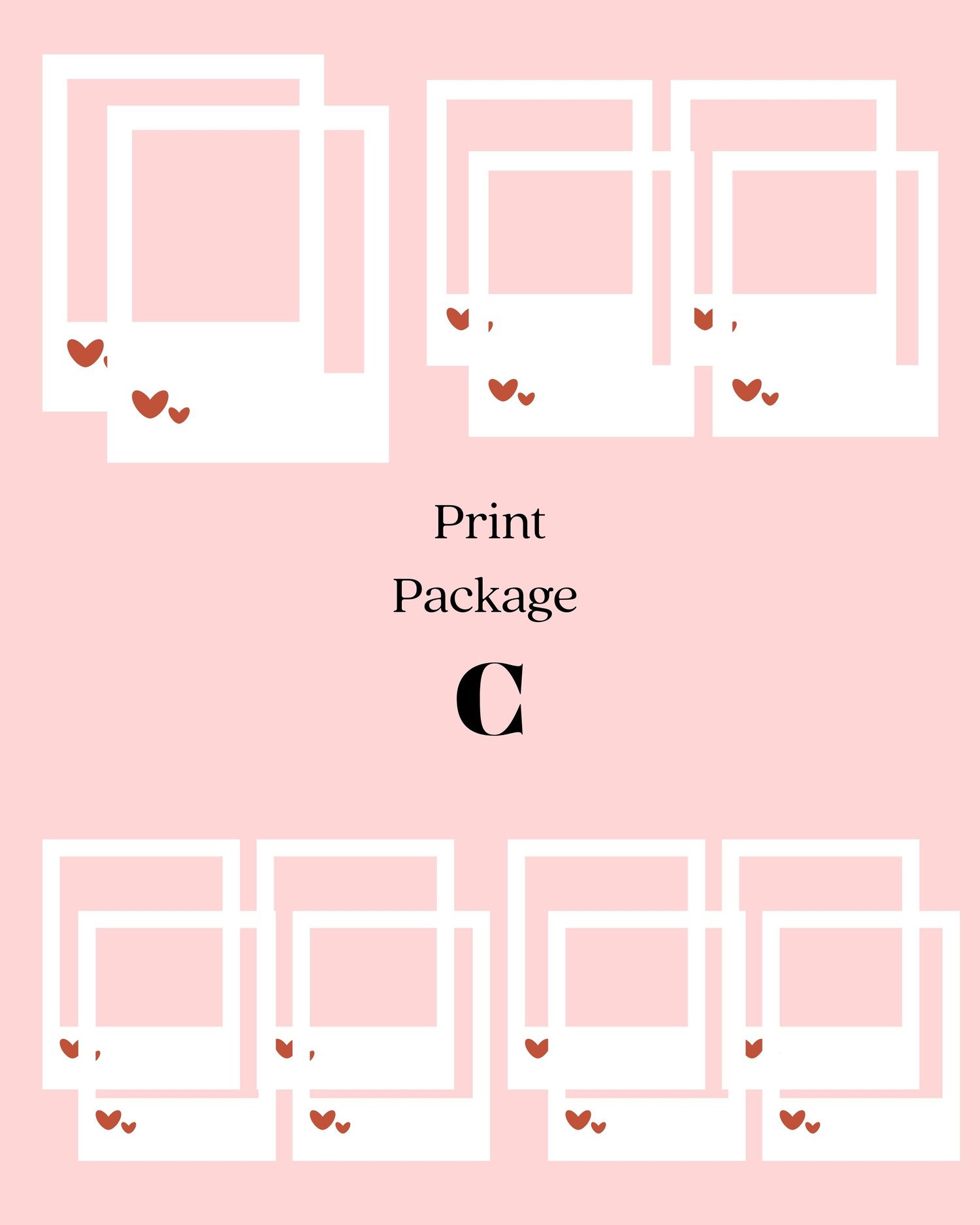 Pink and white grid layout with small heart icons scattered throughout the design.