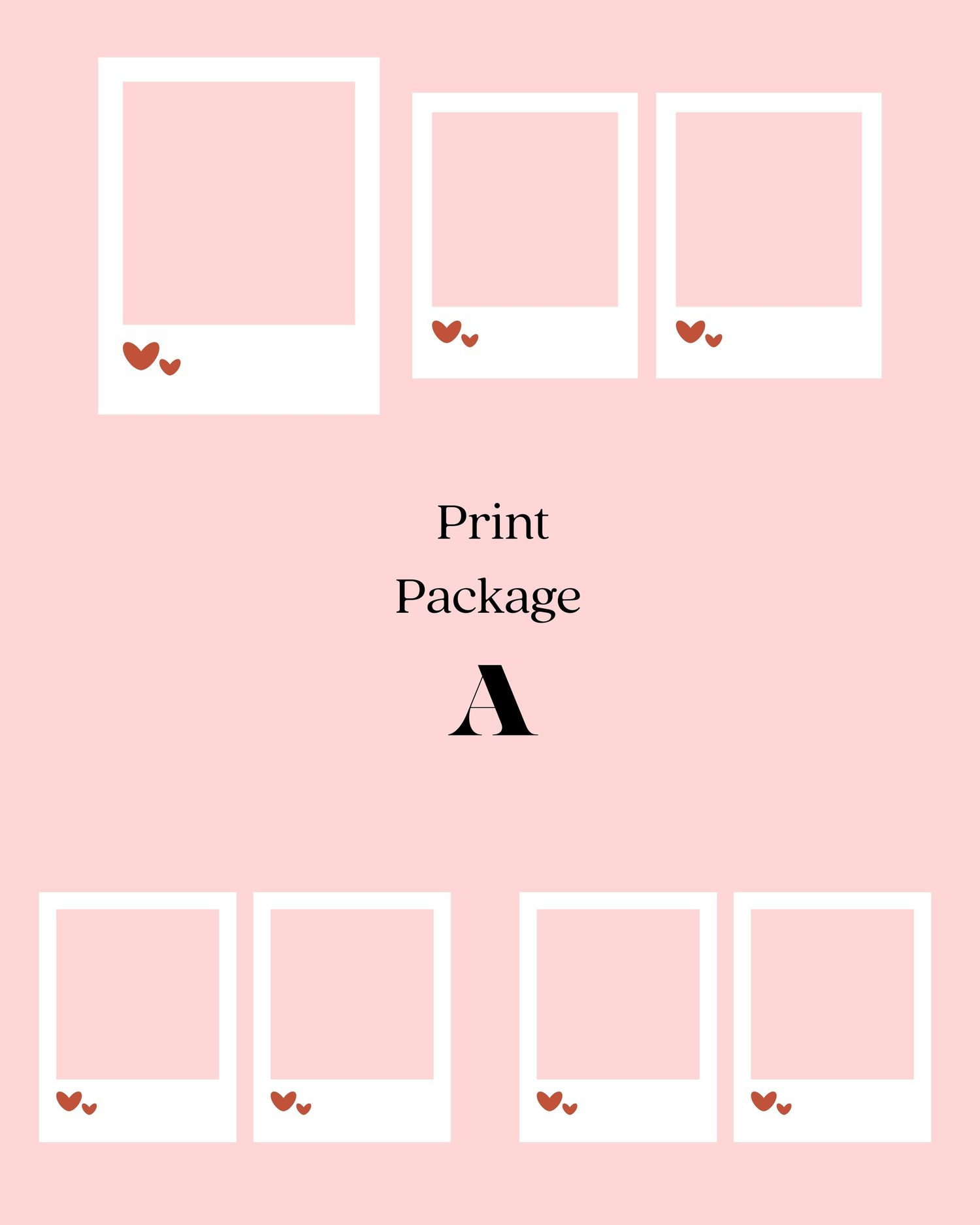Minimalist pink background with seven empty polaroid-style photo frames decorated with small heart designs.