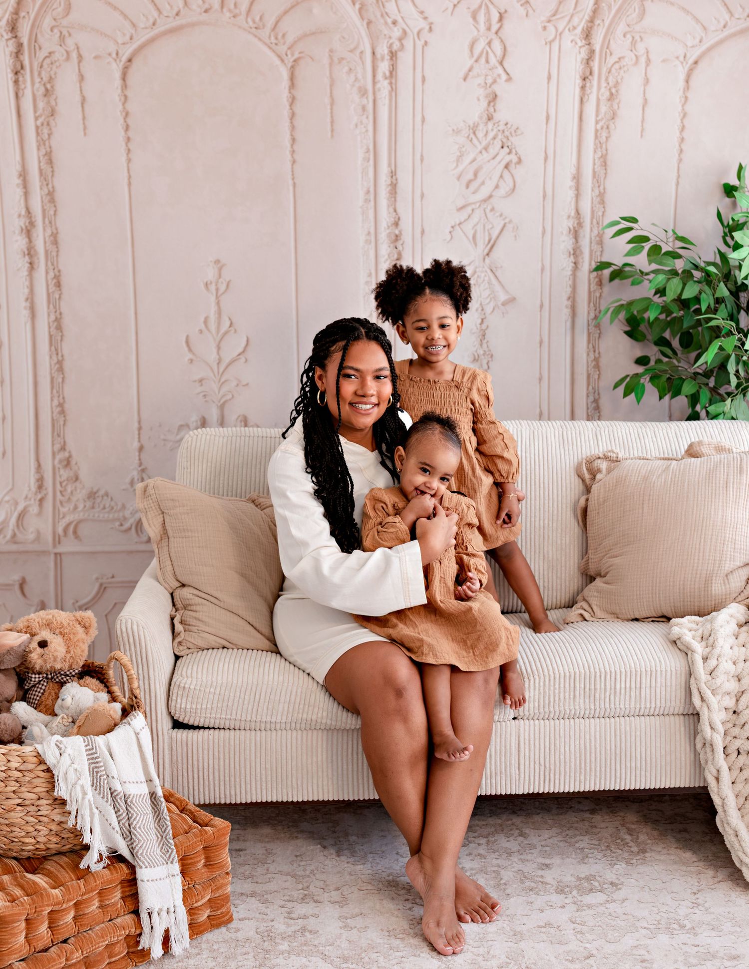 A collection of four cozy lifestyle photos showing intimate moments with plush teddy bears on a beige sofa.