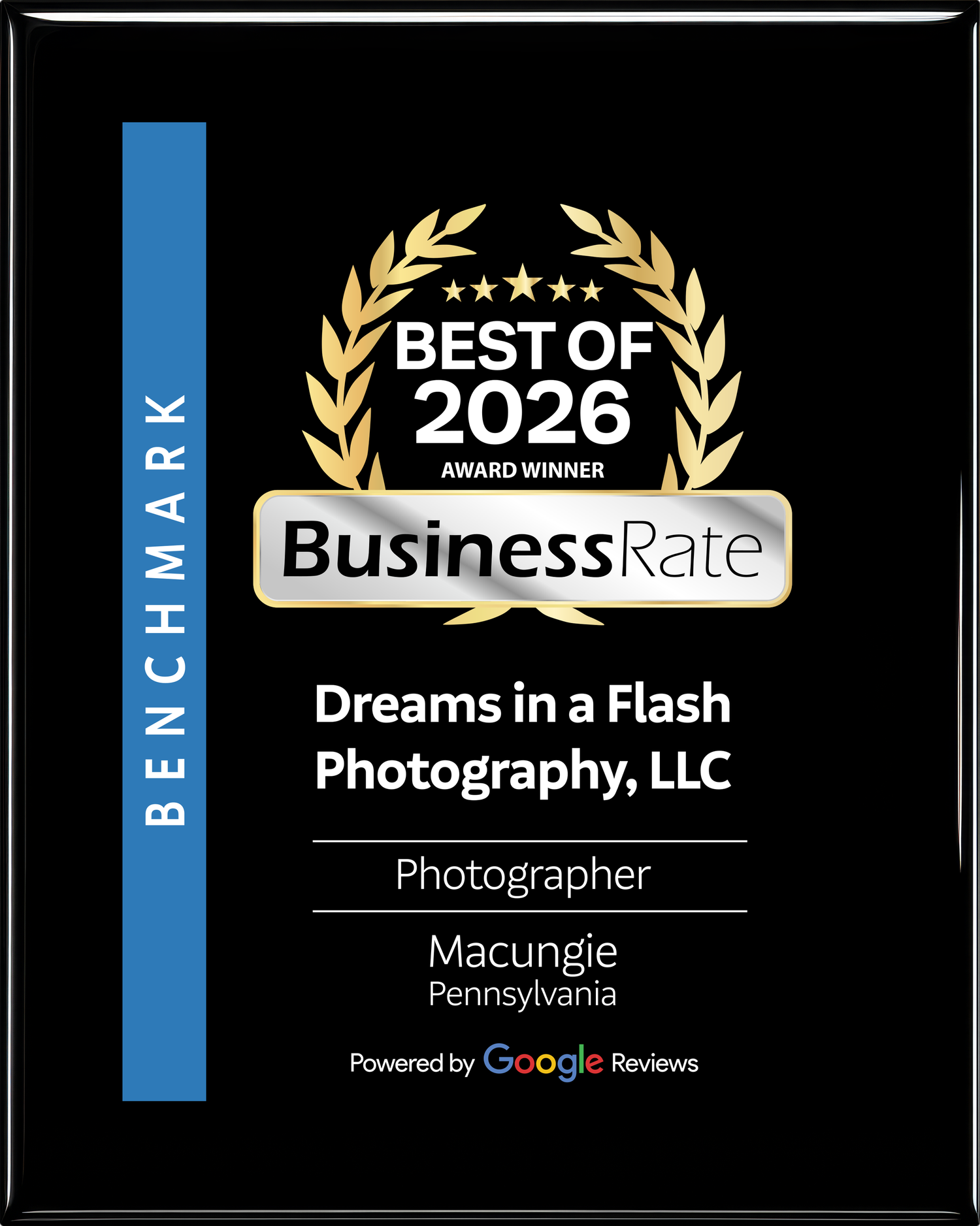 Award badge showing Best of Business Rate 2026 winner for Dreams in a Flash Photography in Macungie, Pennsylvania.