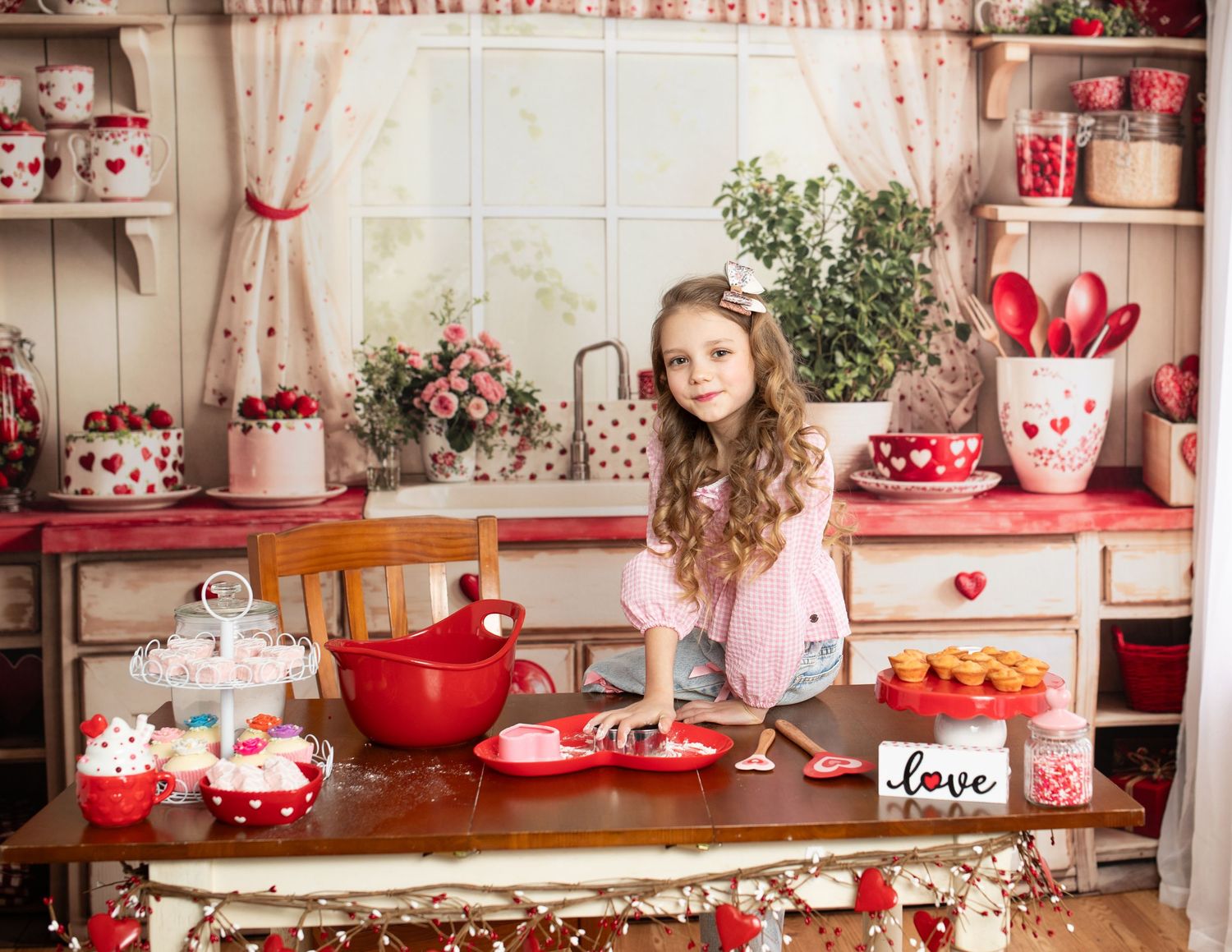 Valentine's day kitchen scene with red teapot, hearts, and festive decorations.