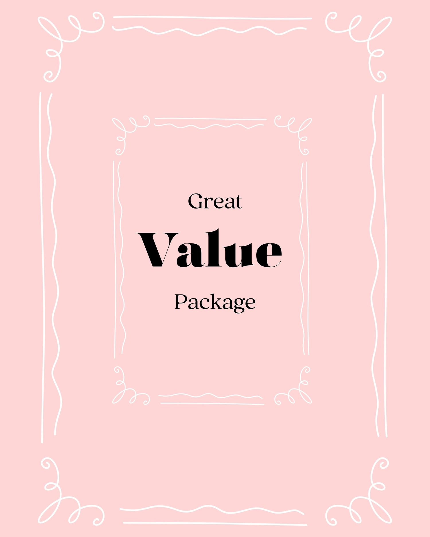 Minimalist pink and white text design showing the words 'Value' and 'Package' in elegant typography.