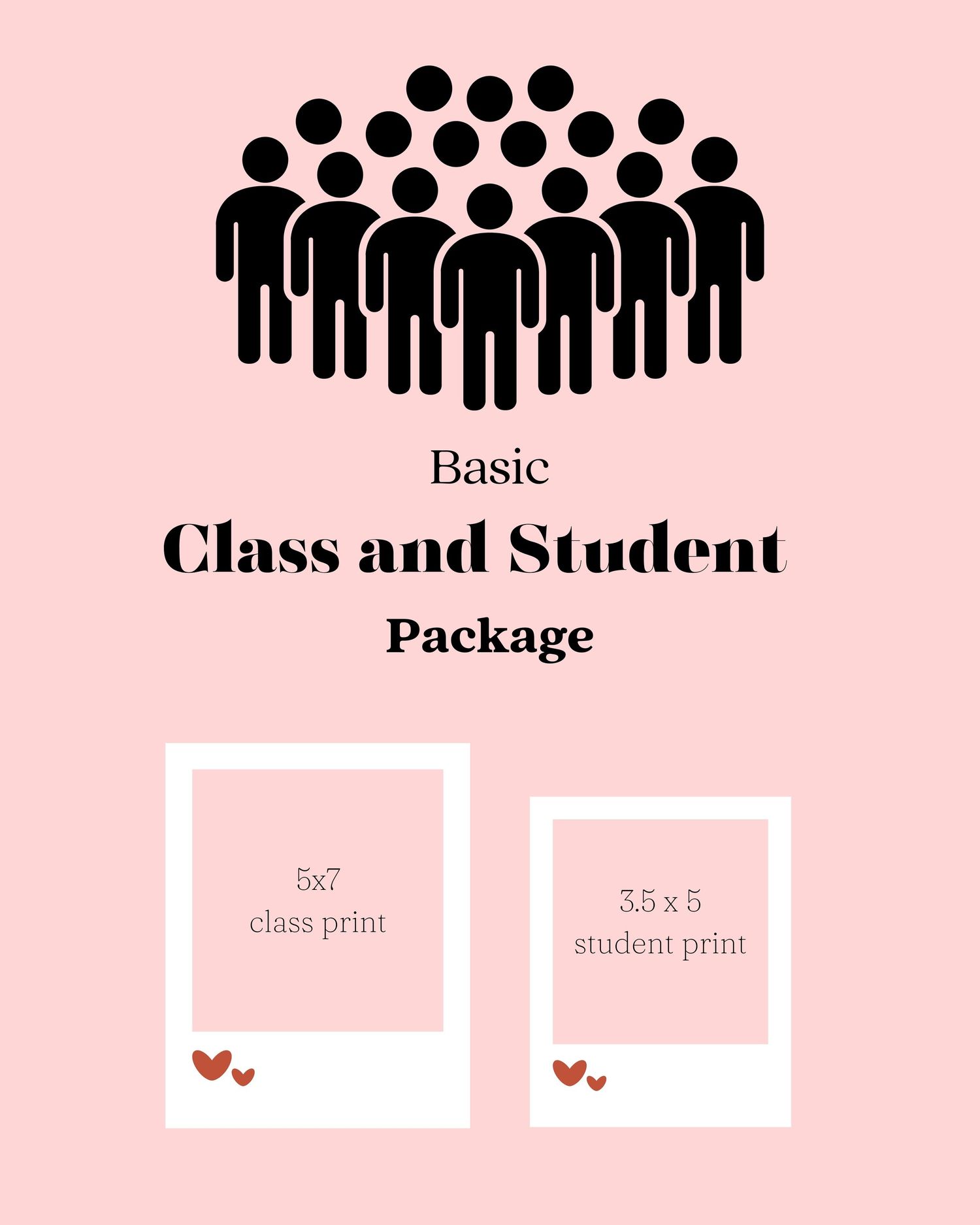 Minimalist icons showing groups of people in black silhouettes against a pink background represent different class packages.