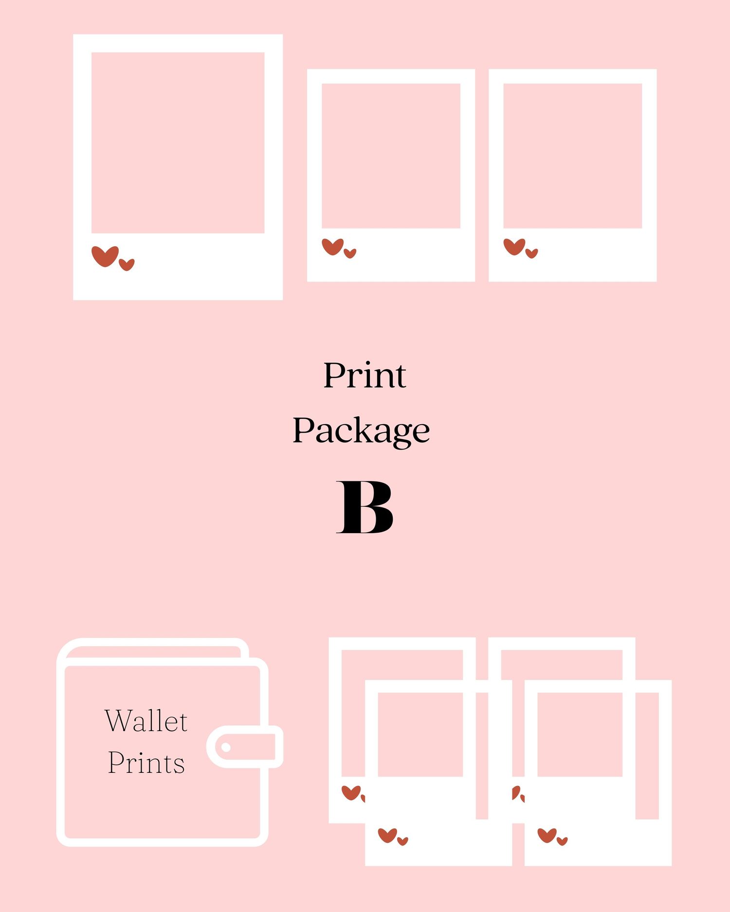 Simple line art icons of print, package, and wallet options shown in white against a pink background.