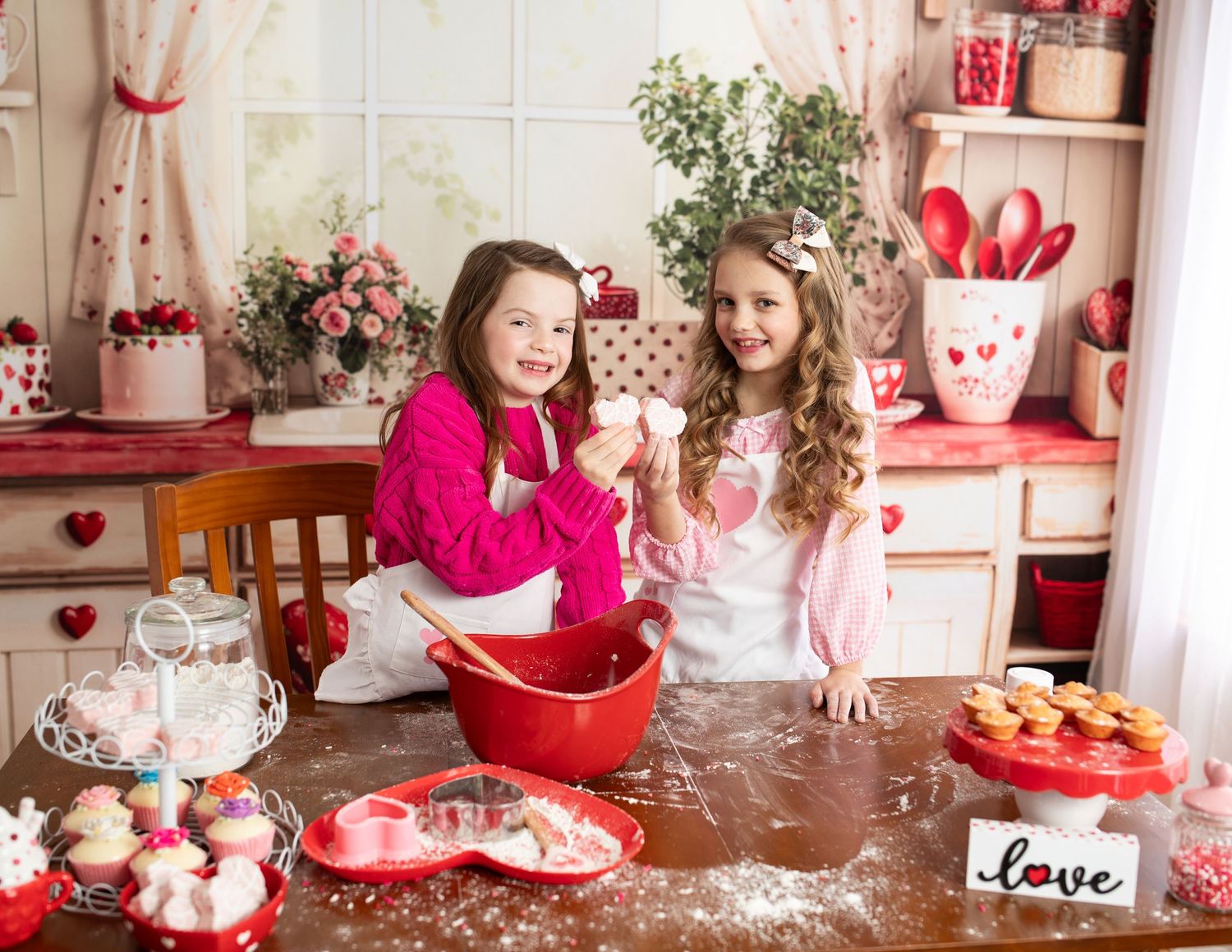 A series of Valentine's Day baking photos showing cookie decorating and kitchen fun with pink and red decor.