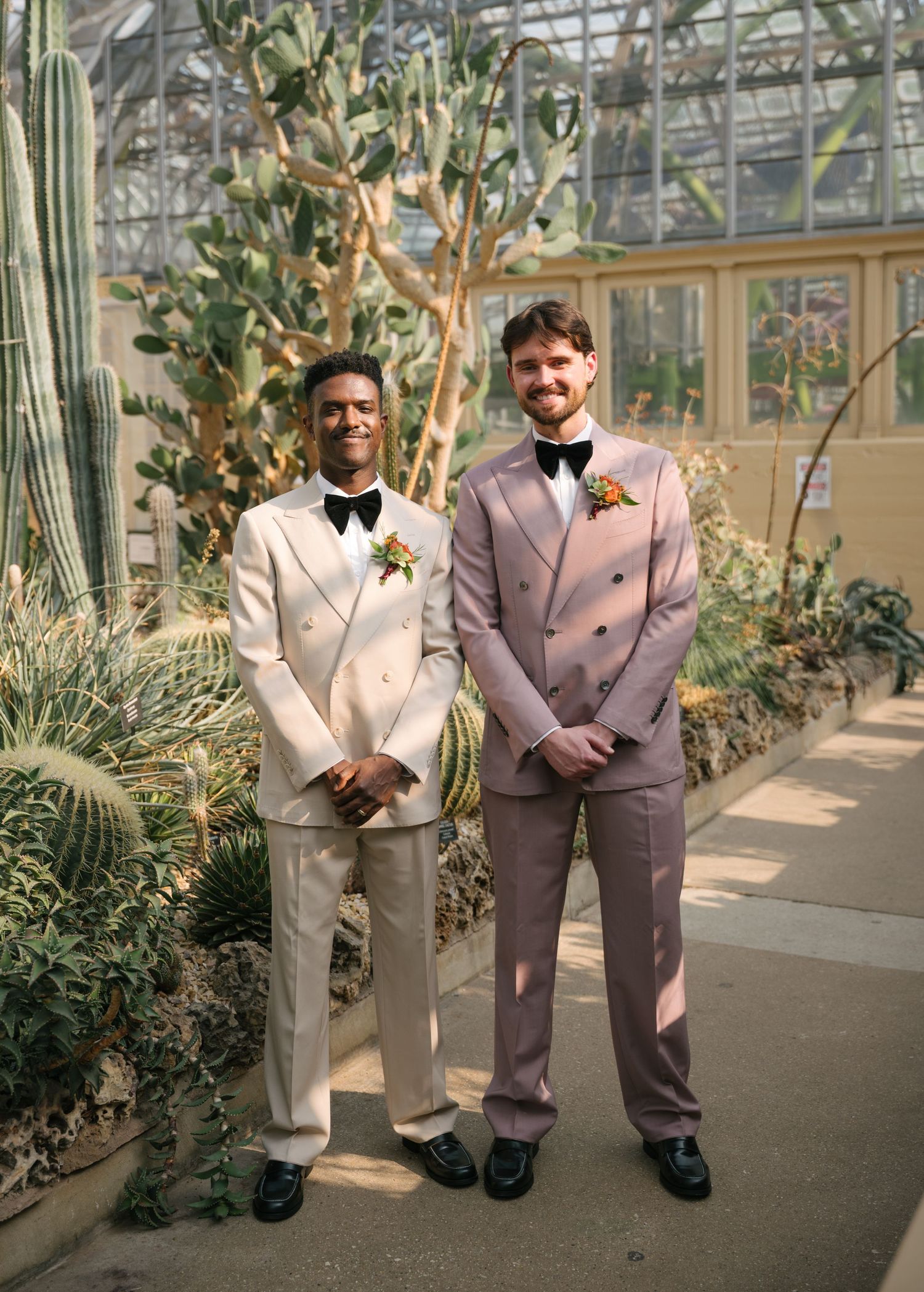 Wedding party poses in a greenhouse setting wearing contrasting cream and mauve suits.