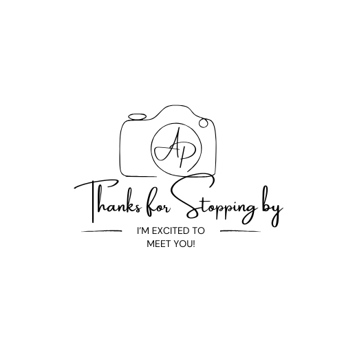Simple line drawing of camera logo with thank you message for photography clients.