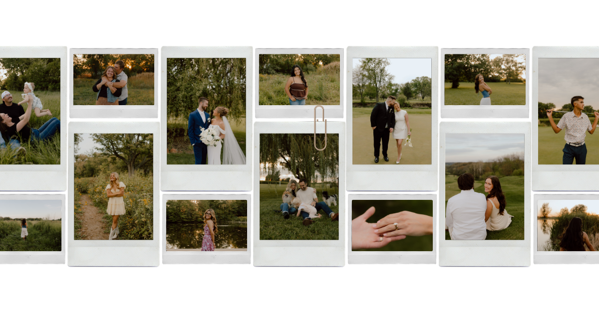 A romantic wedding photo collage featuring couples posing outdoors in golden hour light among lush green fields.