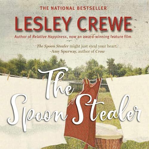 Audiobook cover for Lesley Crewe's The Spoon Stealer with an illustrated red dress on a clothing line surrounded by white sheets
