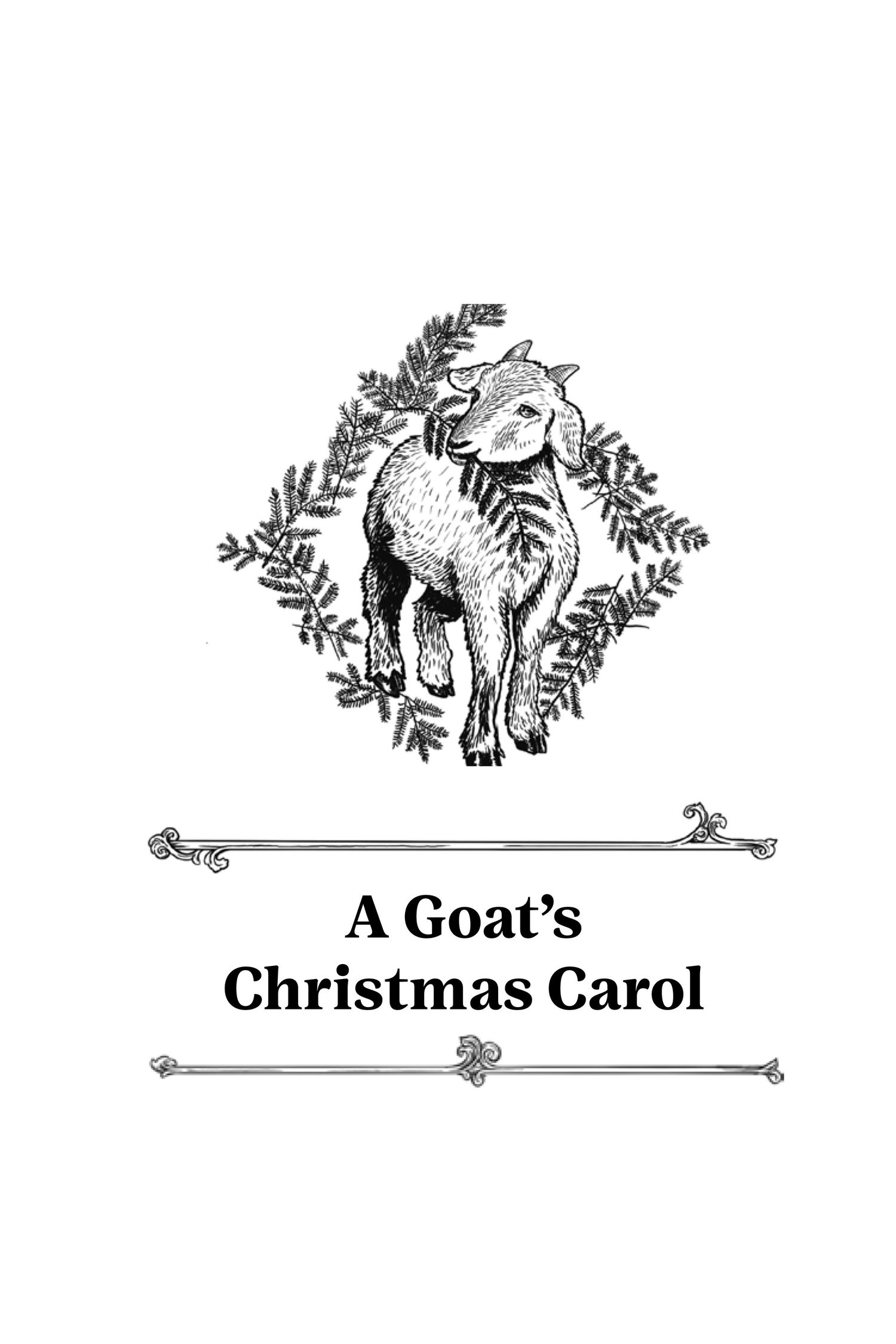 Illustration of goat eating holiday trimmings with text that reads 