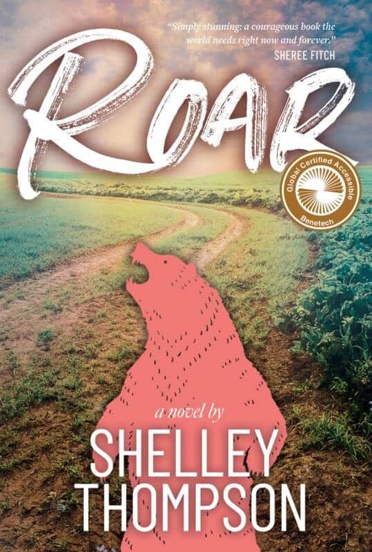 Cover for Shelley Thompson's ROAR with a pink bear illustration on a country road