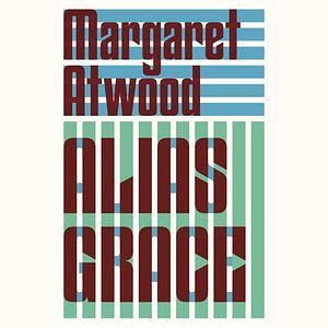 Audiobook cover for Margaret Atwood's Alias Grace with graphic blue and green behind the author's name and novel's title