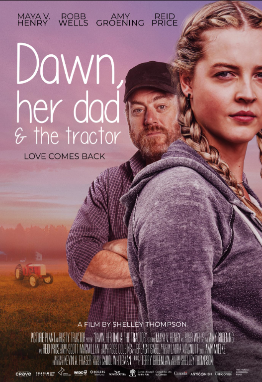Dawn, Her Dad, and the Tractor Film Poster - A young, blonde woman with braids with her dad behind her and a tractor in background