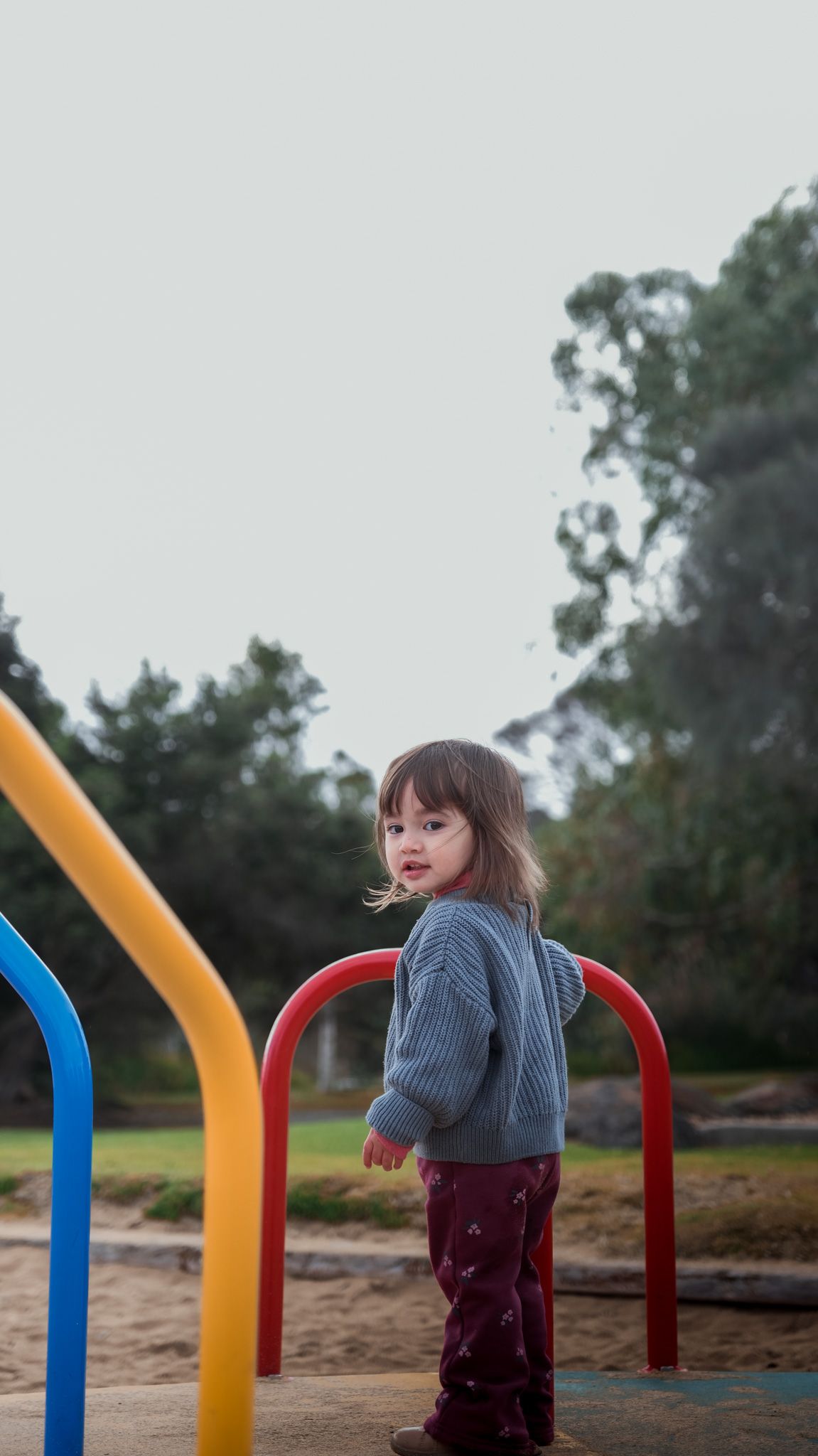 Warrnambool based photographer captures adorable toddler girl in grey sweater standing at colorful playground equipment surrounded by trees.