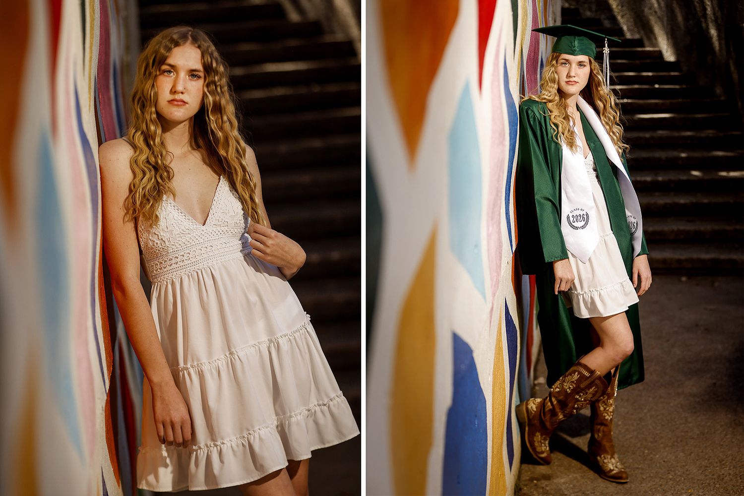 Side-by-side photos of a young woman in a white dress and green graduation cap and gown outdoors.