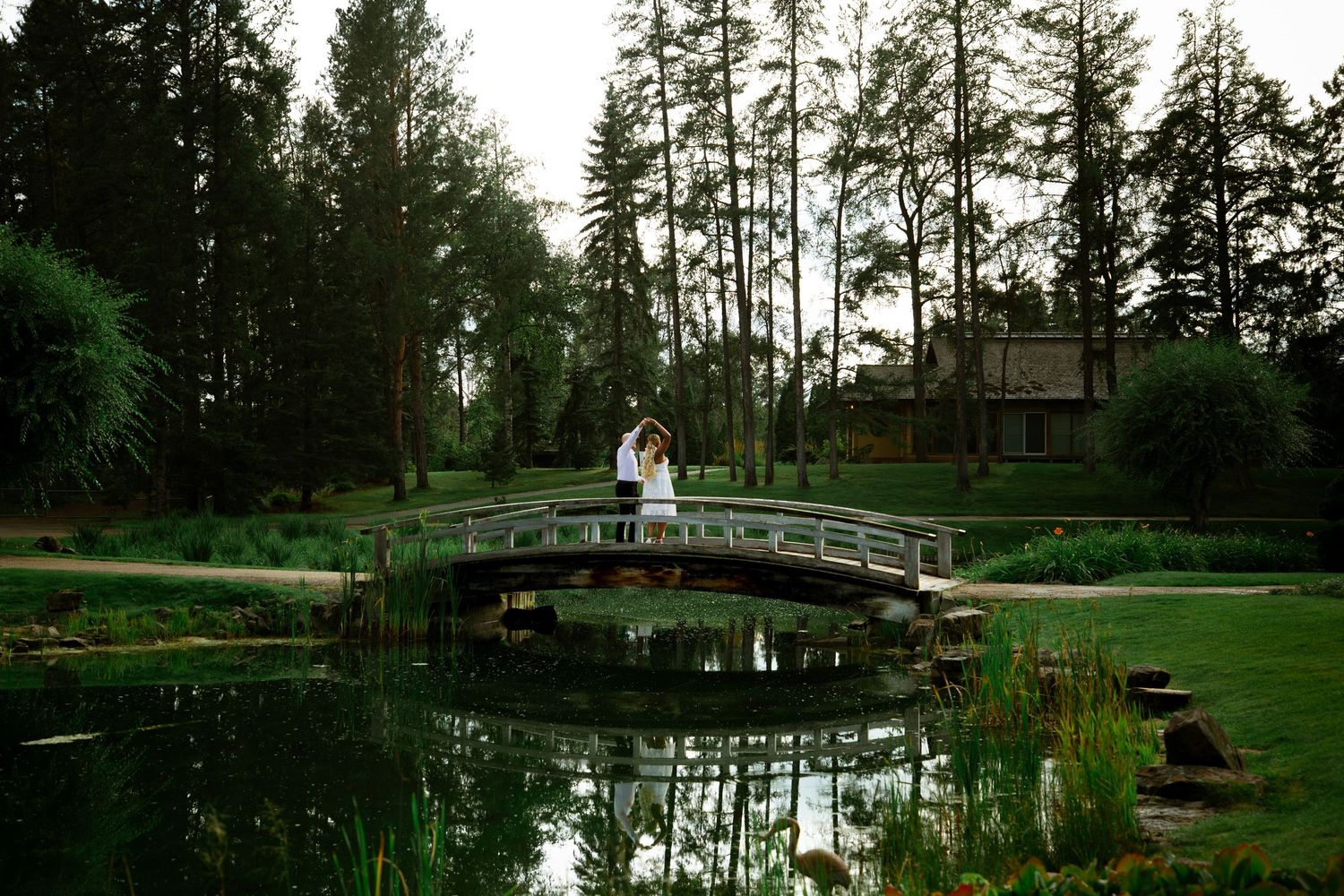 Couple embracing on a picturesque arched bridge over a reflective pond in a lush green park.