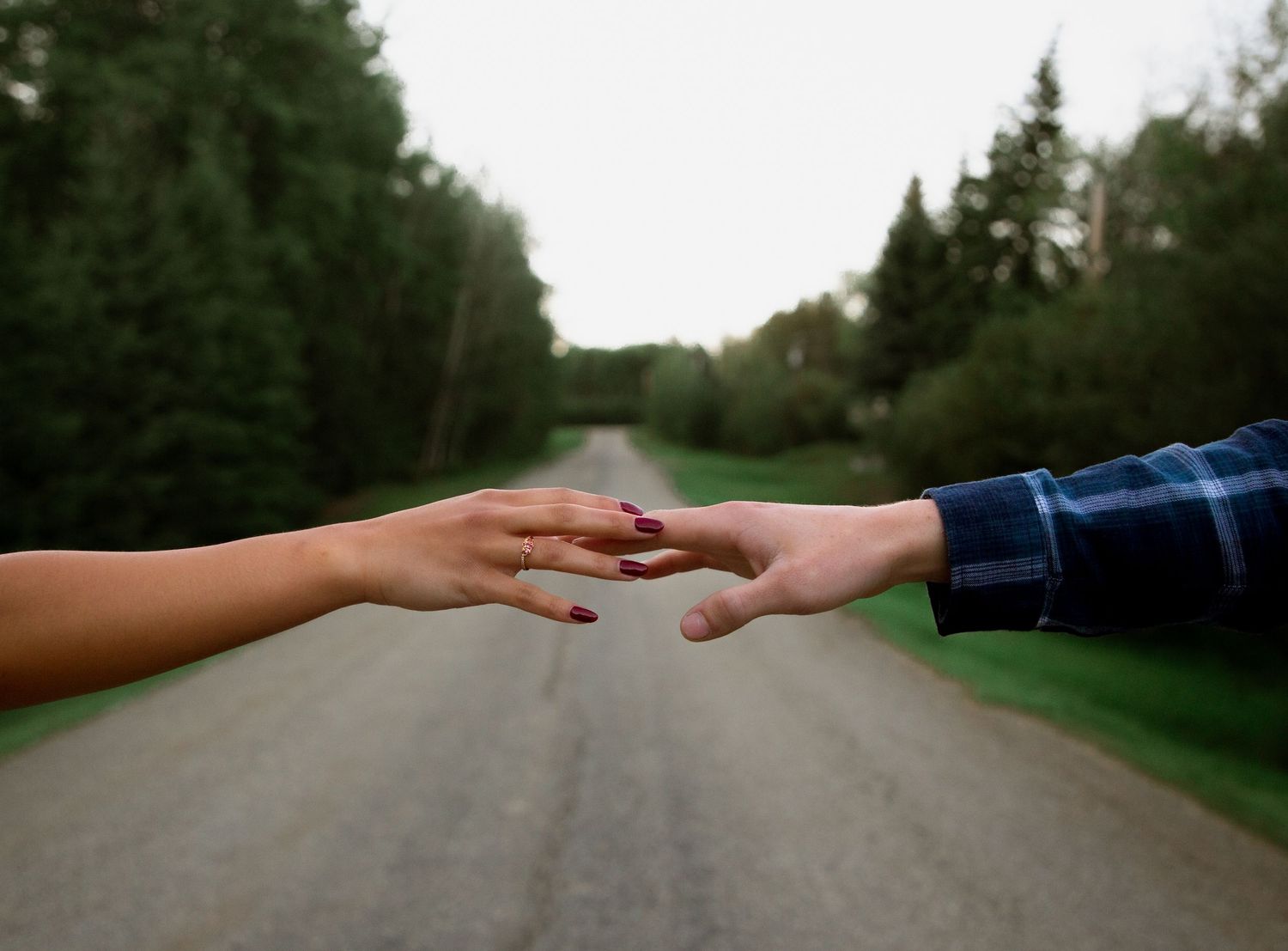 Two hands reaching toward each other on a tree-lined road, symbolizing love and connection.
