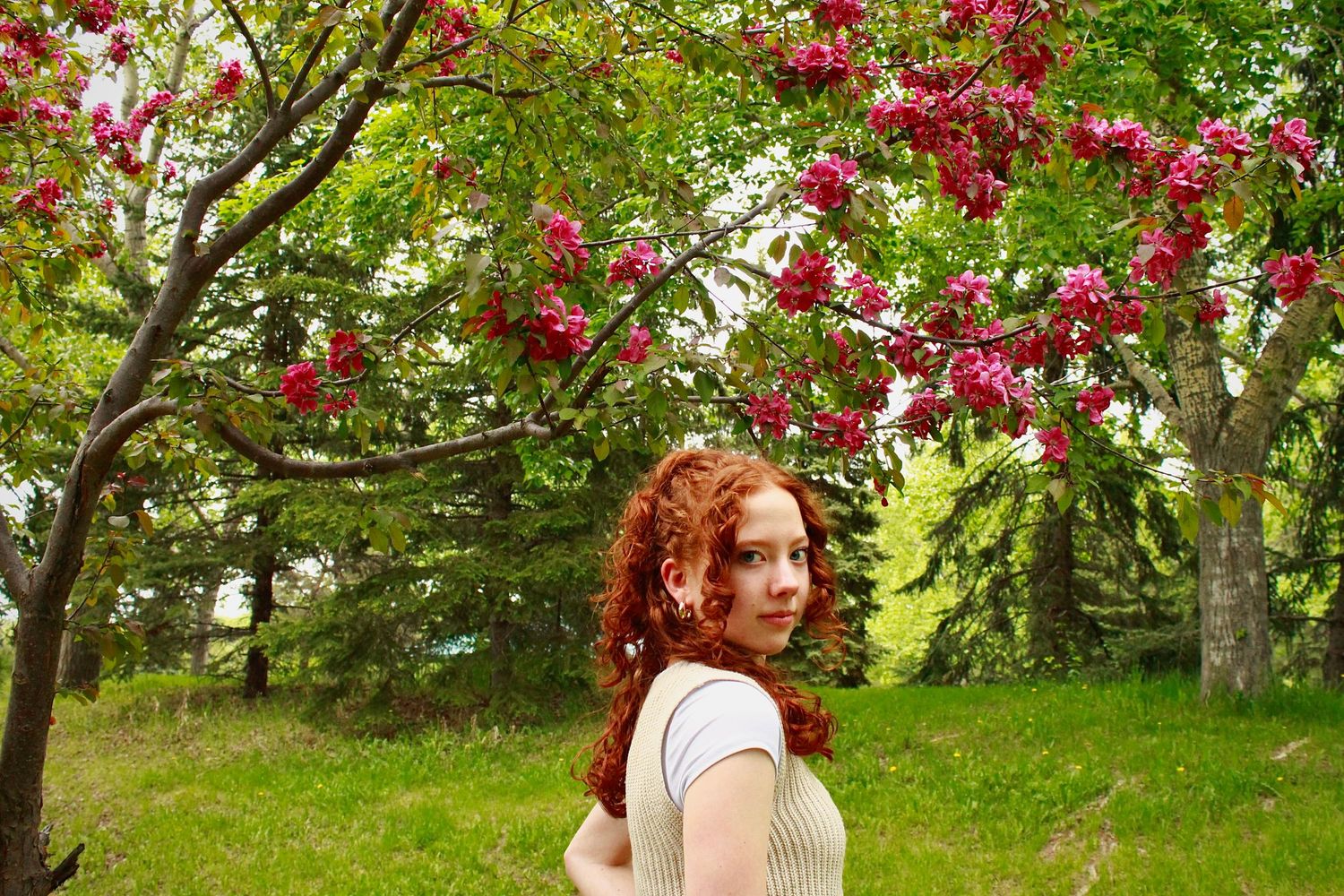 Young woman with curly red hair standing under blooming pink flowering tree outdoors.