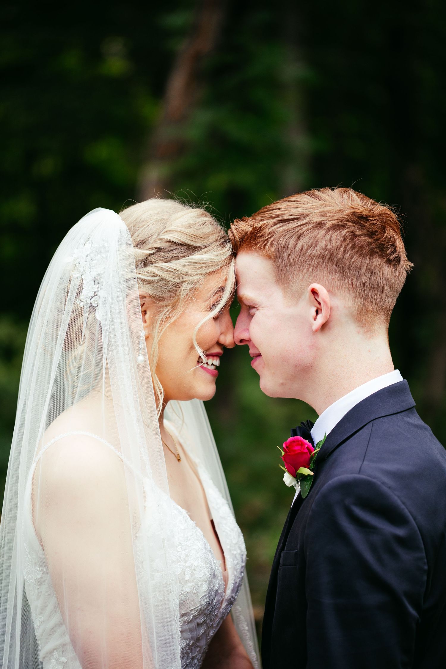 bride and groom portrait at backyard wedding